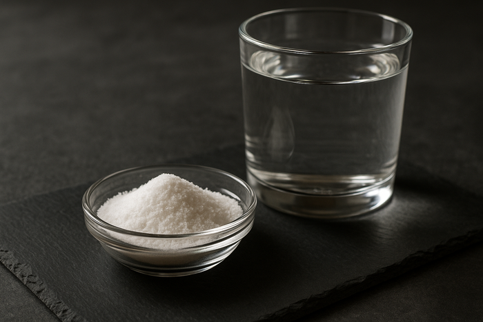 Betaine anhydrous powder beside a glass of water