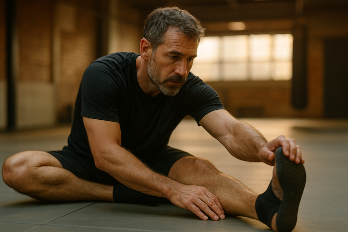 A masters-age grappler warming up before training