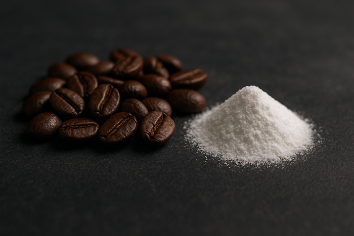 Coffee beans beside a measured dose of caffeine
