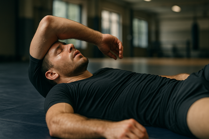 A grappler controlling their breathing between rounds