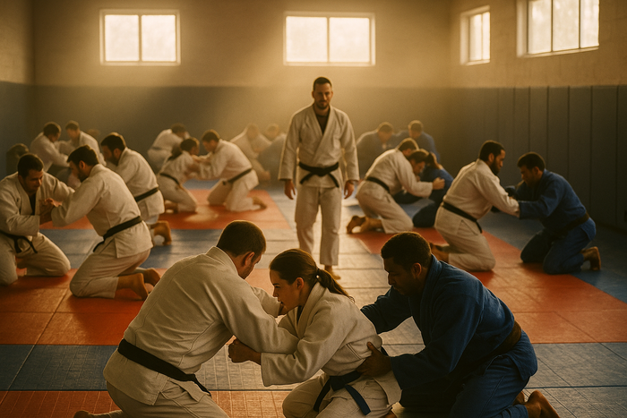Adult BJJ class drilling in pairs on the mat