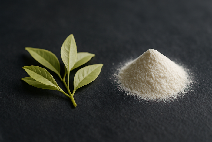 Green tea leaves beside a scoop of L-theanine powder