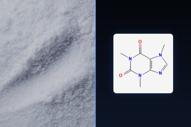 Caffeine molecular structure over real supplement powder