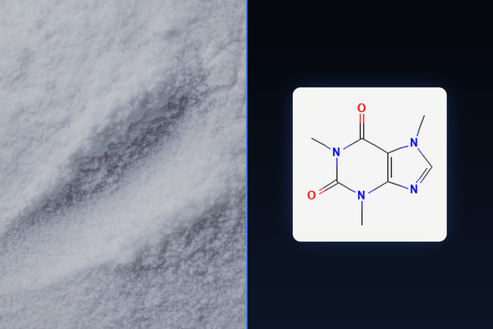 Caffeine molecular structure over real supplement powder