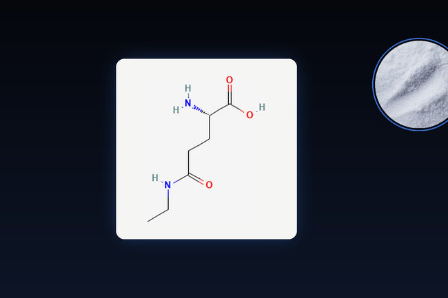 L-Theanine molecular structure with real powder detail