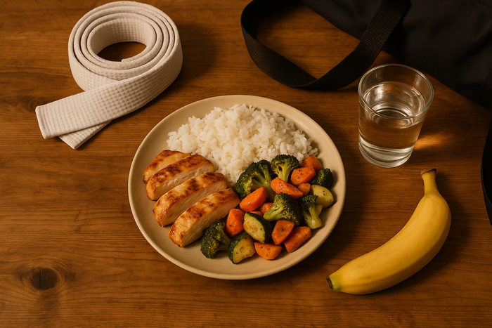 A post-training meal of chicken, rice and vegetables